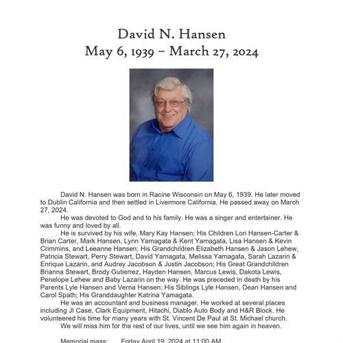 David N. Hansen's obituary , Passed away on March 27, 2024 in Walnut Creek, California