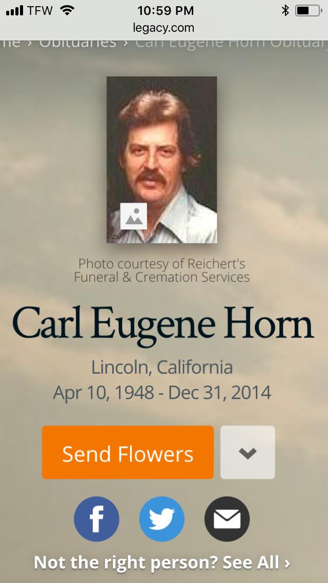Carl Eugene Horn's obituary , Passed away on December 31, 2014 in Citrus Heights, California